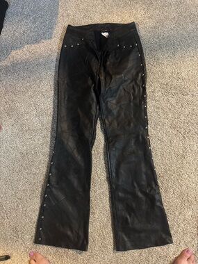 Black Studded Leather Flared Pants